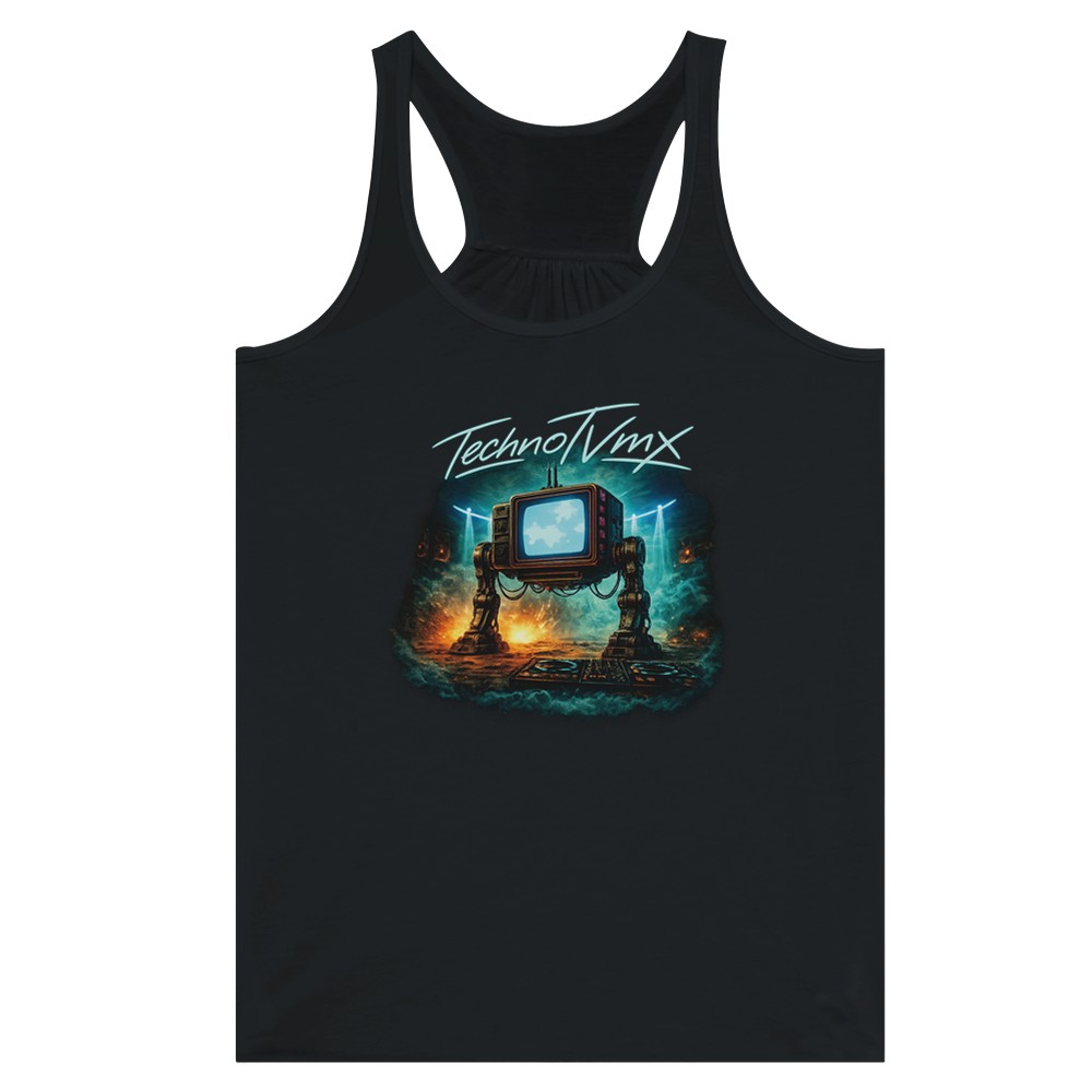 TechnoTVmx #001 - Lässiges Damen-Racerback-Tank-Top | Bella + Canvas 8800 Schwarz